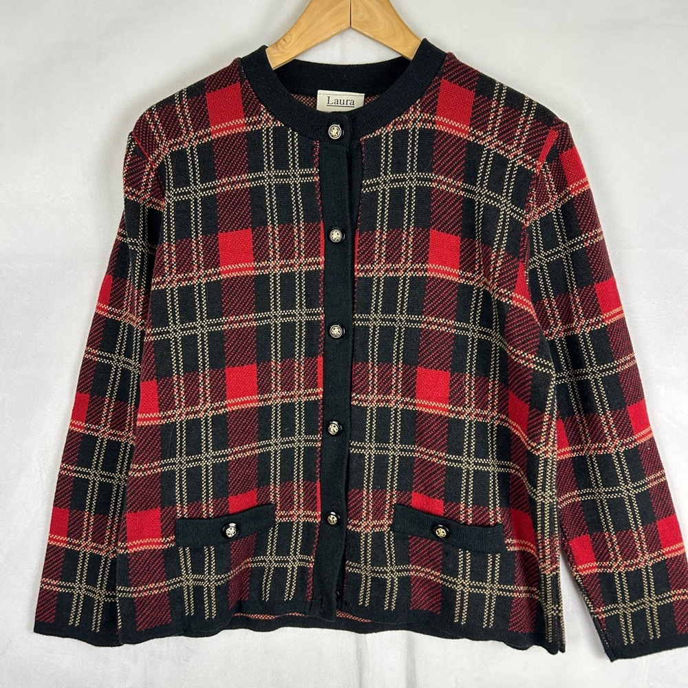 VINTAGE 90s Y2K Plaid Knit Cardigan Women's Medium Red Black Gold Preppy Classic